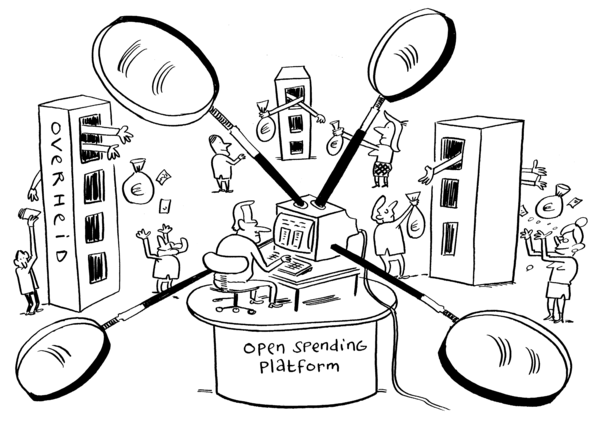 Cartoon OpenSpending: Uit flatgebouwen worden zakken met geld uitgedeeld. In het midden een computer waar enorme vergrootglazen uit komen die laten zien wat er precies met het geld gebeurt